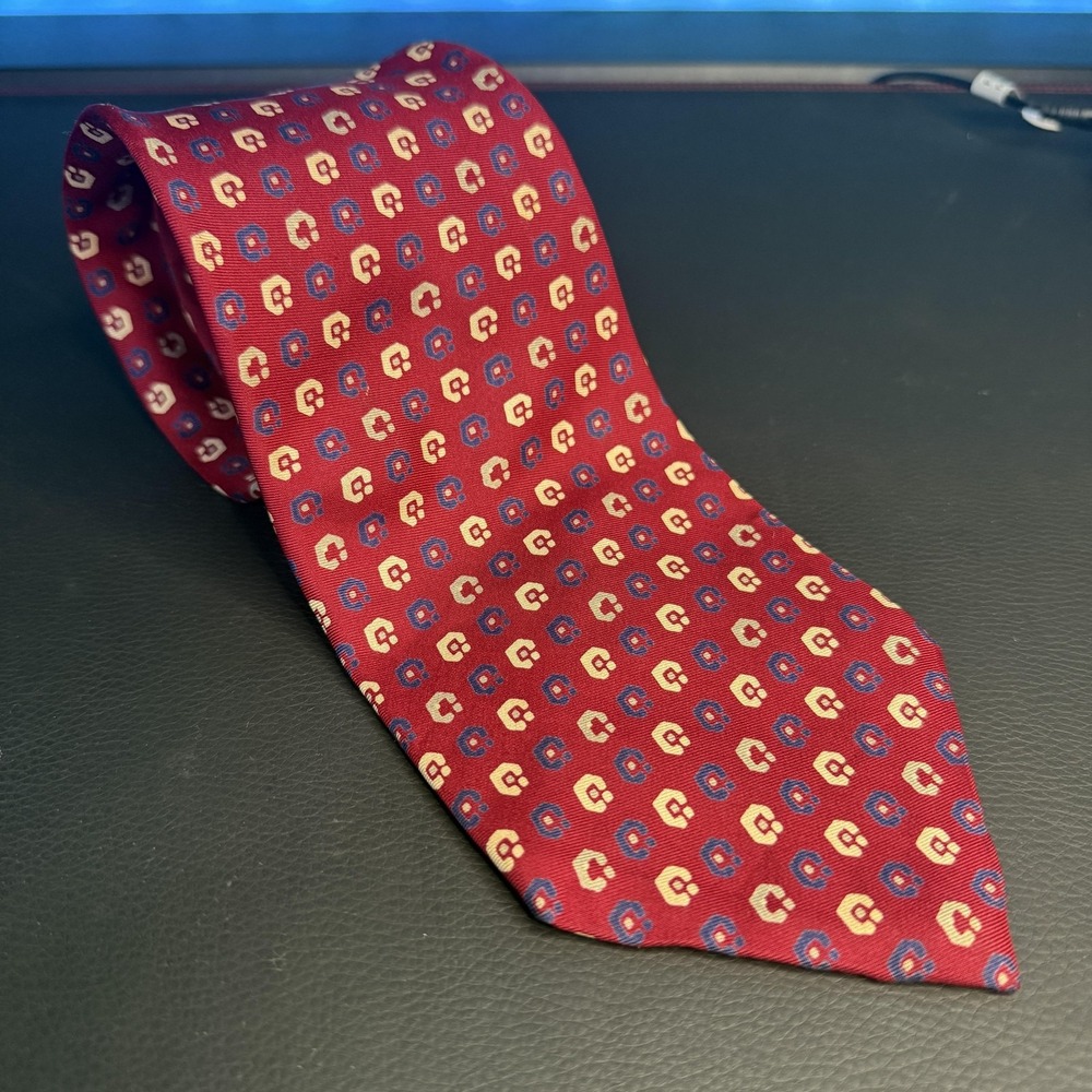 Vintage Yves Saint Laurent Tie Mens One Size Red Geometric Silk Woven Necktie
